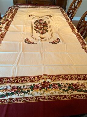 Cream Floral Border Tablecloth with Wine Colored Accents.  Cotton/ Poly Blend.